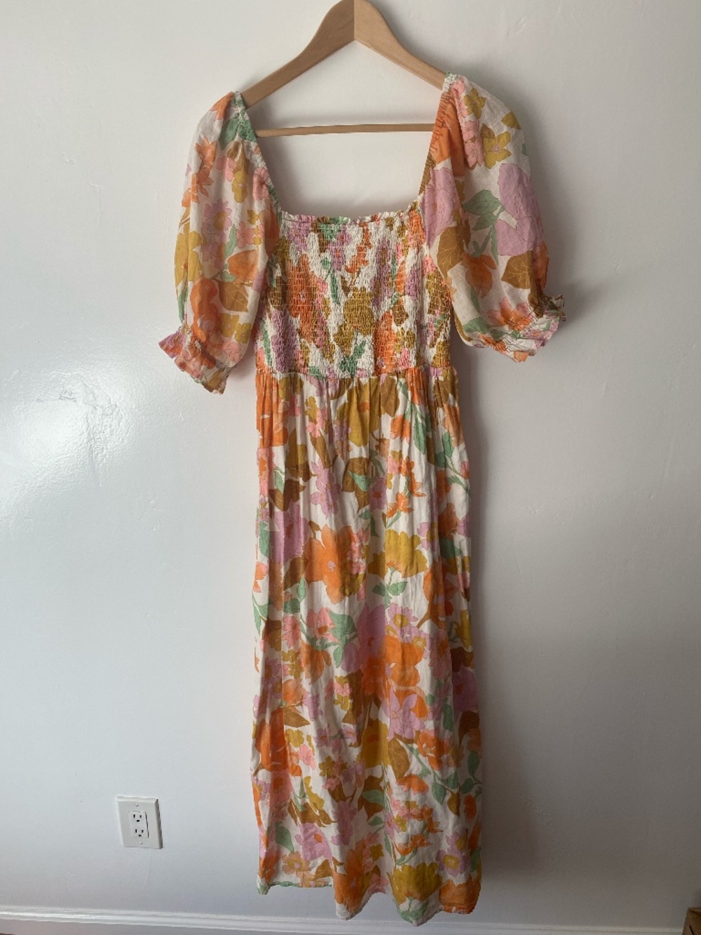 Billabong 100% Cotton Floral Smocked Maxi Dress Women's L Boho Romantic Cottage
